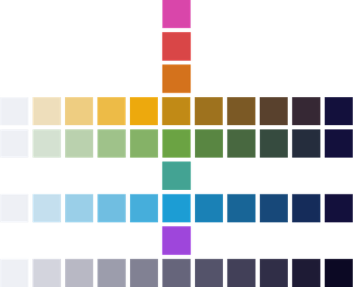 Brand color scales arranged in a rainbow with middle column populated