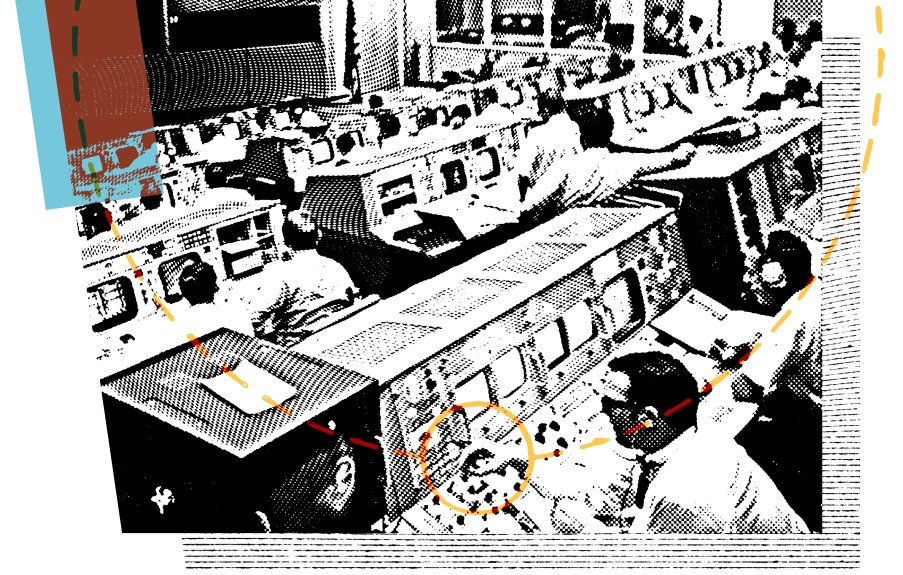 Vintage scene of people working at computers in a busy control center
