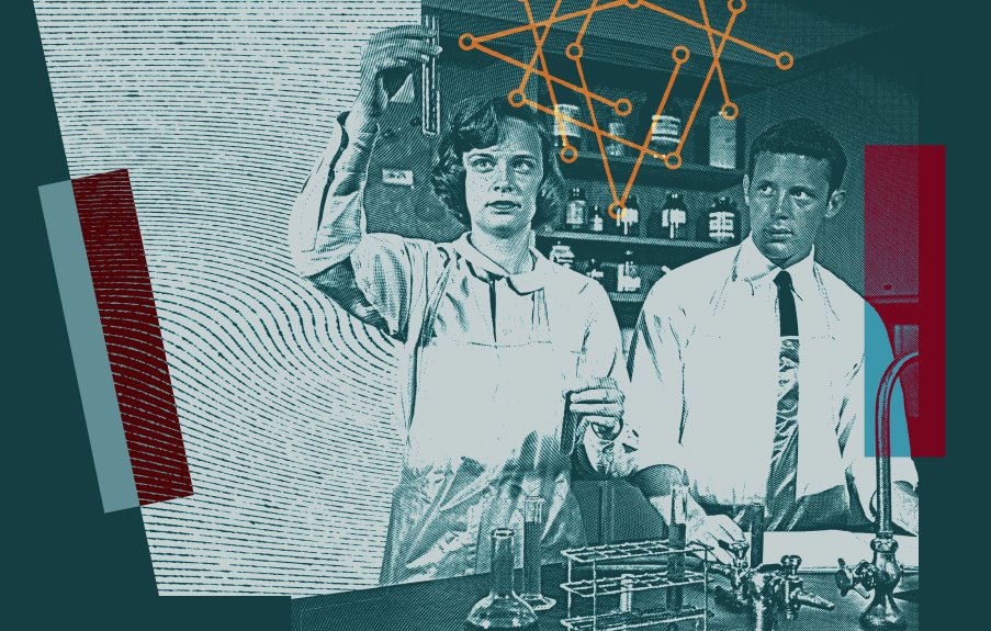 Scientists looking at a beaker