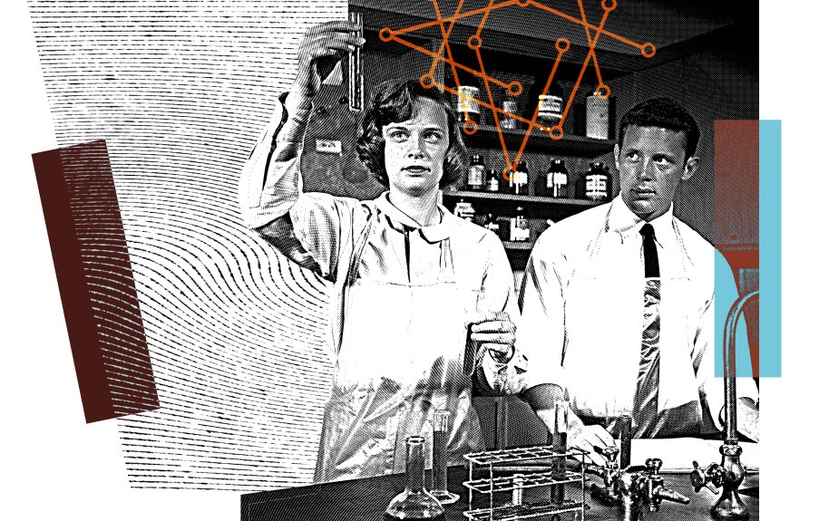 Scientists looking at a beaker