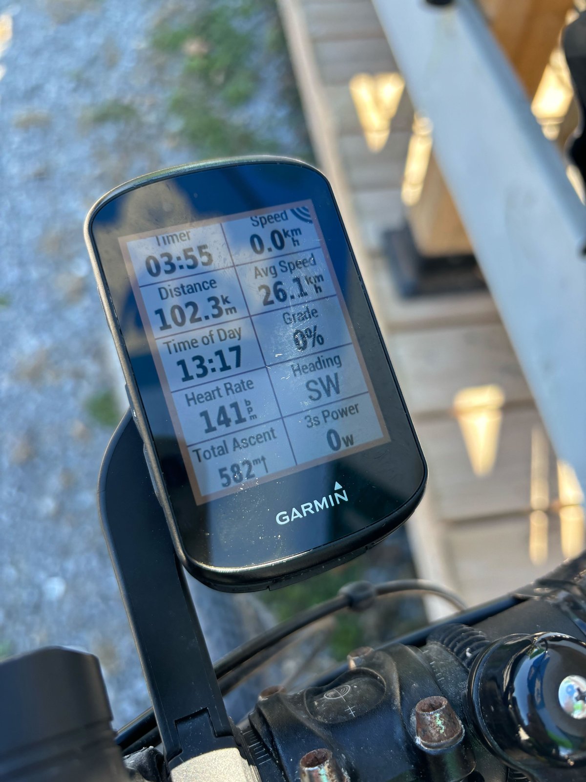 A Garmin ride computer displaying ride stats