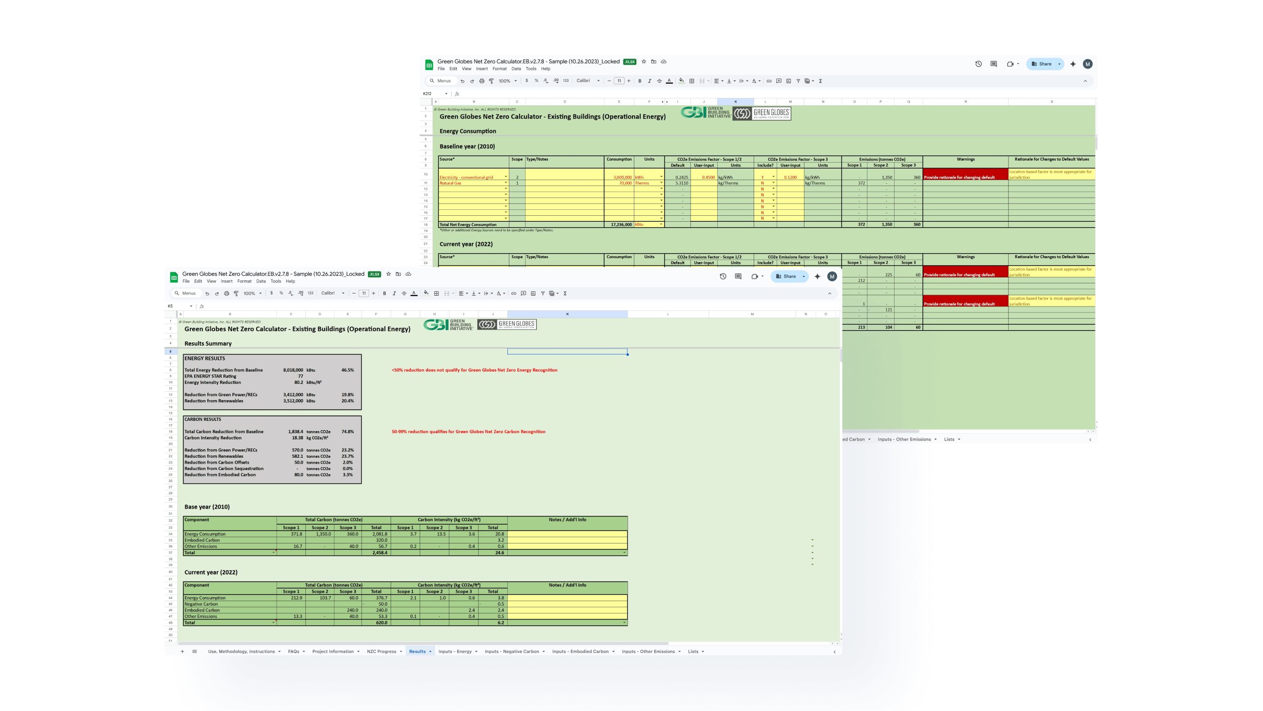 Screens from the original Net Zero™ Calculator, an Excel-based tool