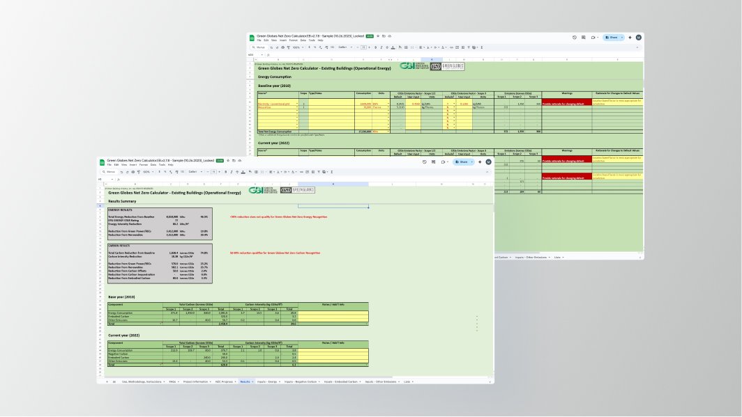 Screens from the original Net Zero™ Calculator, an Excel-based tool