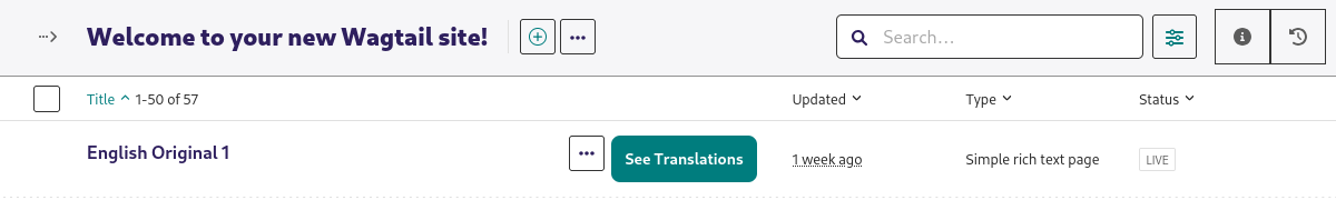 a row in Wagtail's page explorer, with a link to dashboard of translations