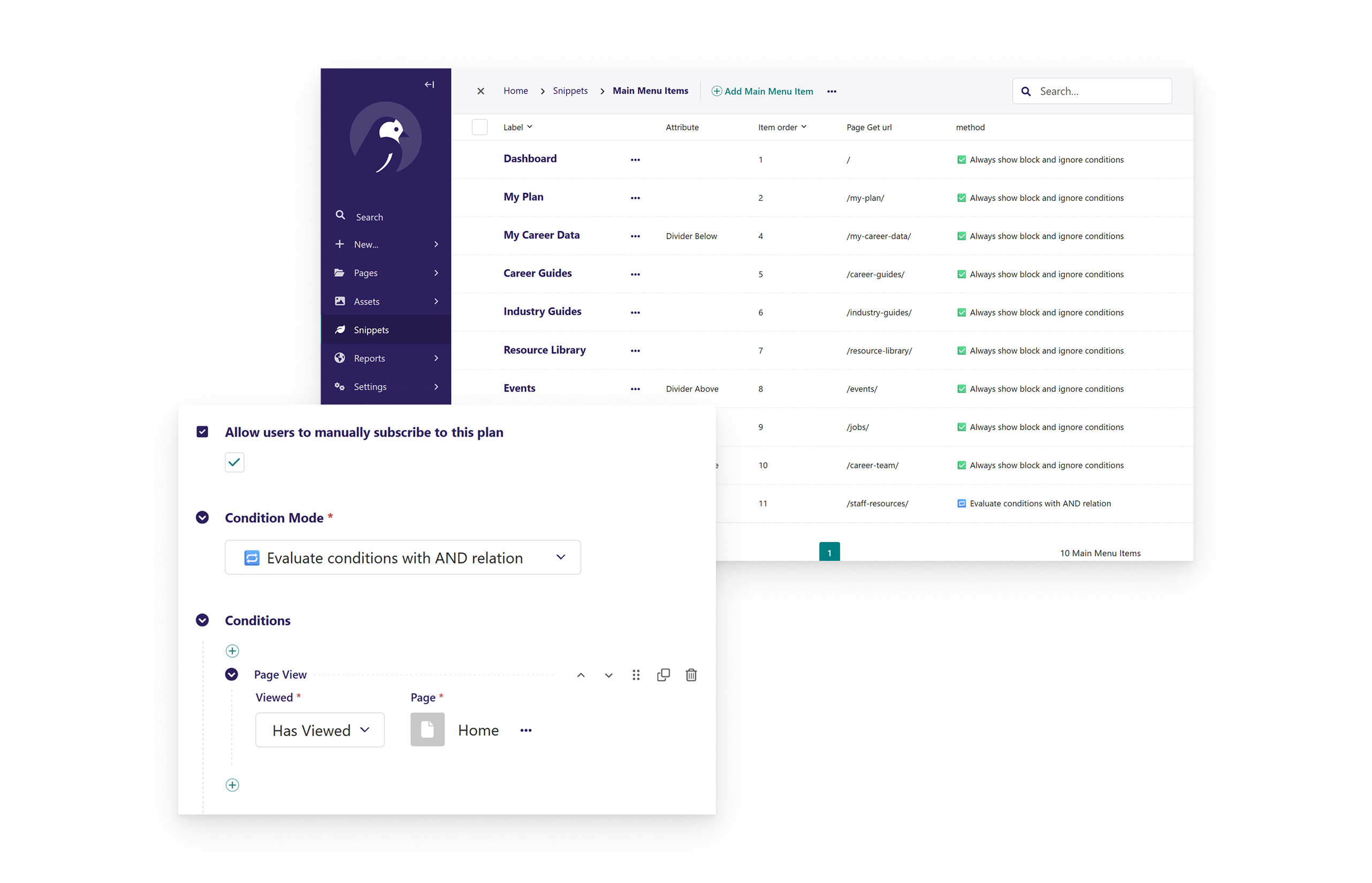 Custom-built conditional logic tools allow content editors to personalize content and navigation, optimizing for multiple audiences.