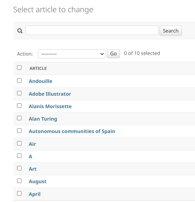 Wikipedia articles beginning with 'A' listed in the Django admin