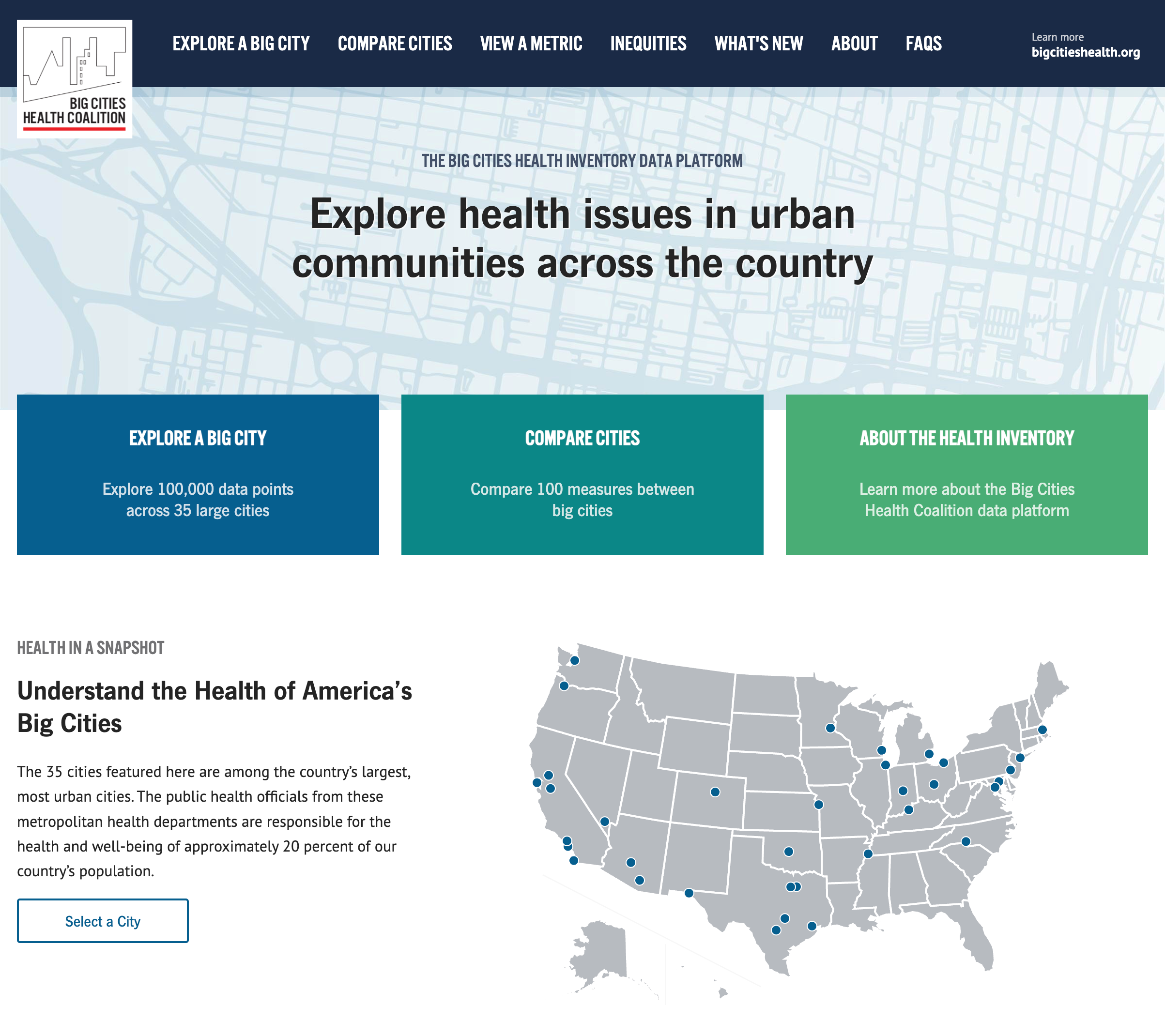 The Big Cities Health Data Inventory Platform homepage, featuring several buttons that take the user to filtered pages and a physical map outlining all the available cities with data.