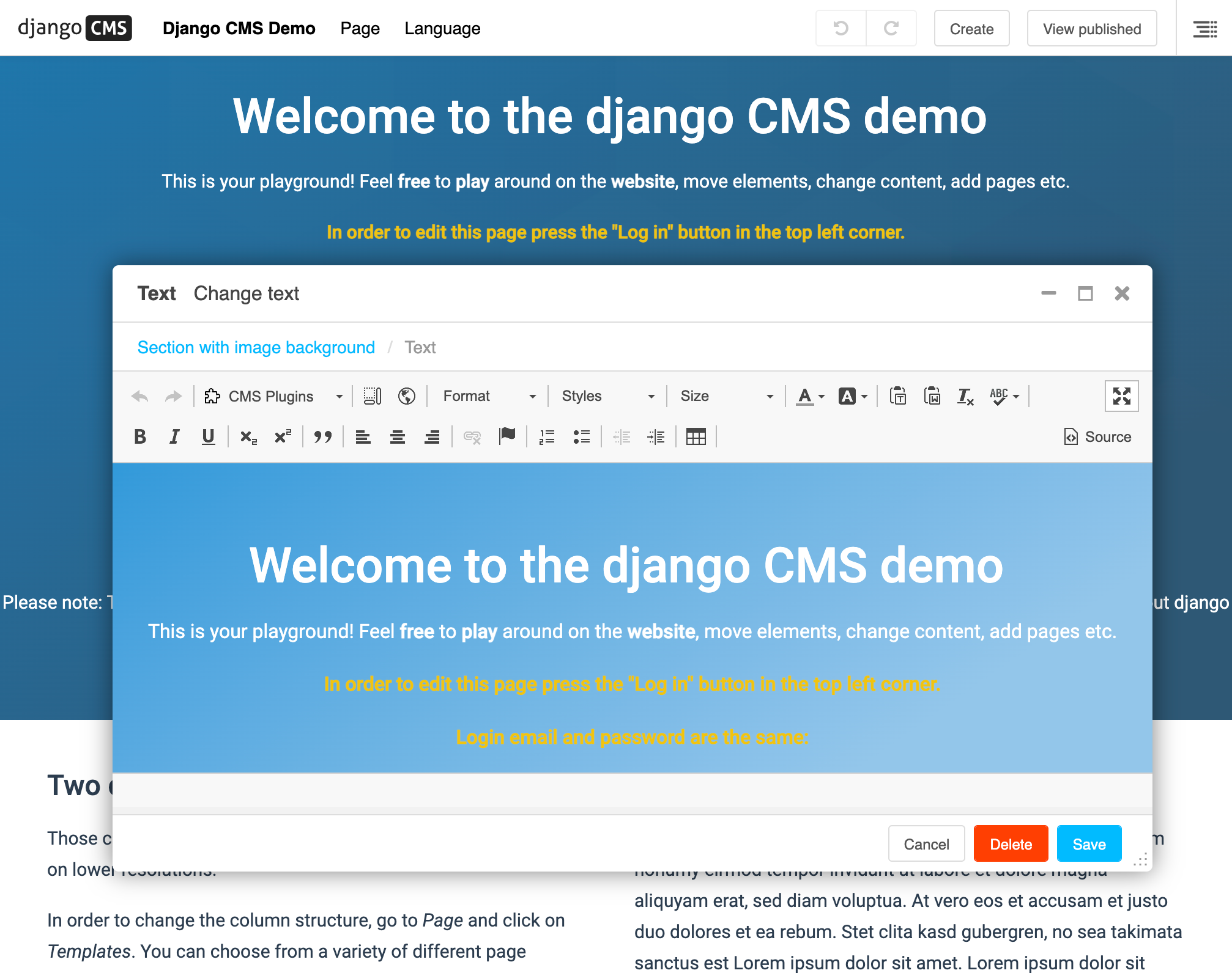 The Django CMS frontend editing experience